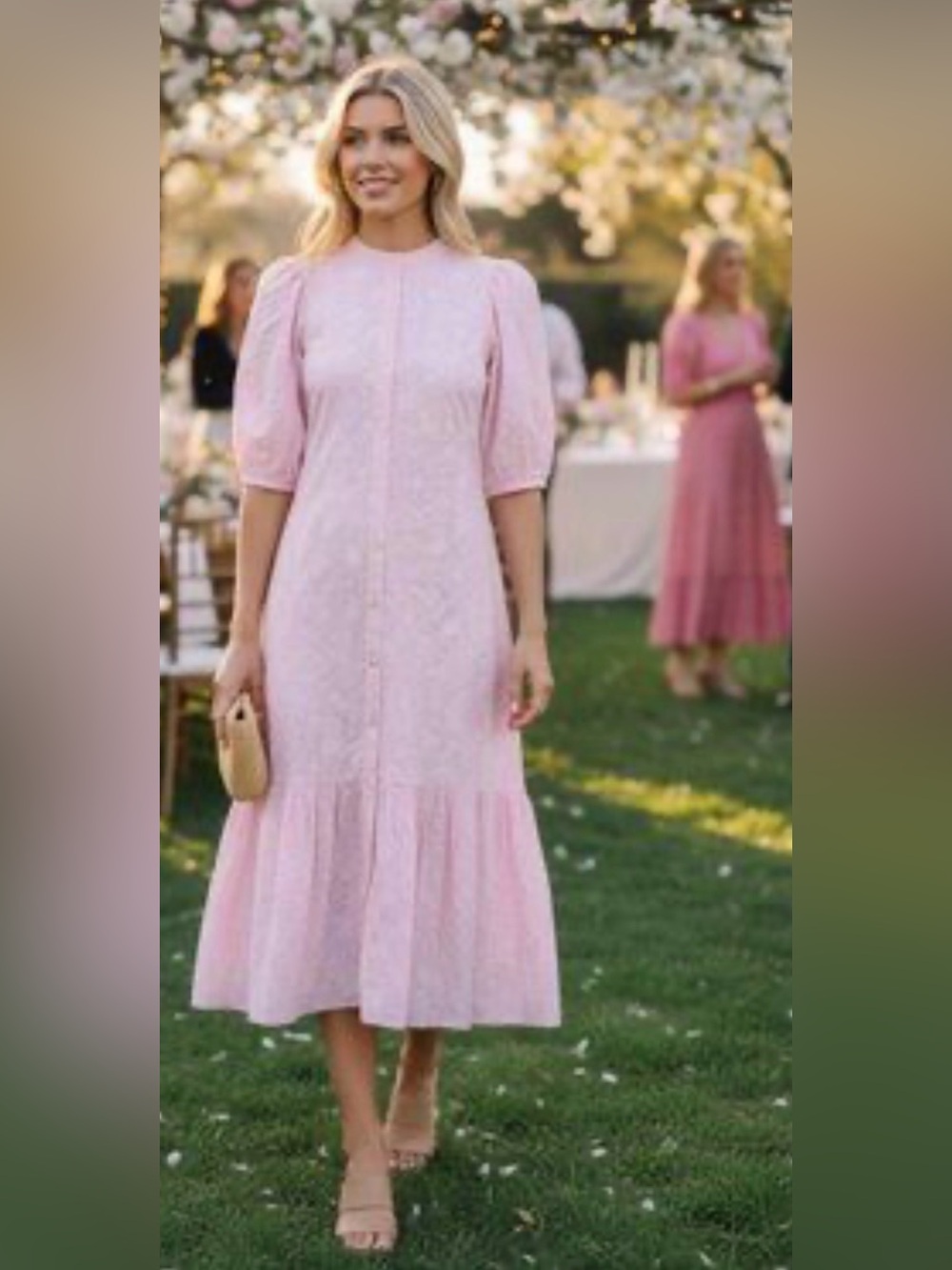 Ro’s Garden Flirty Amelia Pink Midi Dress with Puff Sleeves NWT 1004